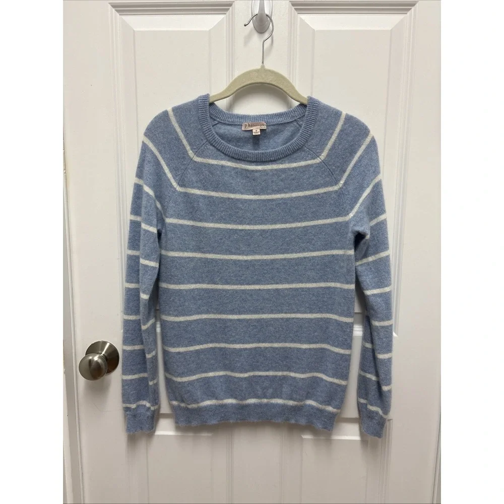 Philosophy Cashmere Crew Neck Stripes Blue/‎ White Sweater sz Small
